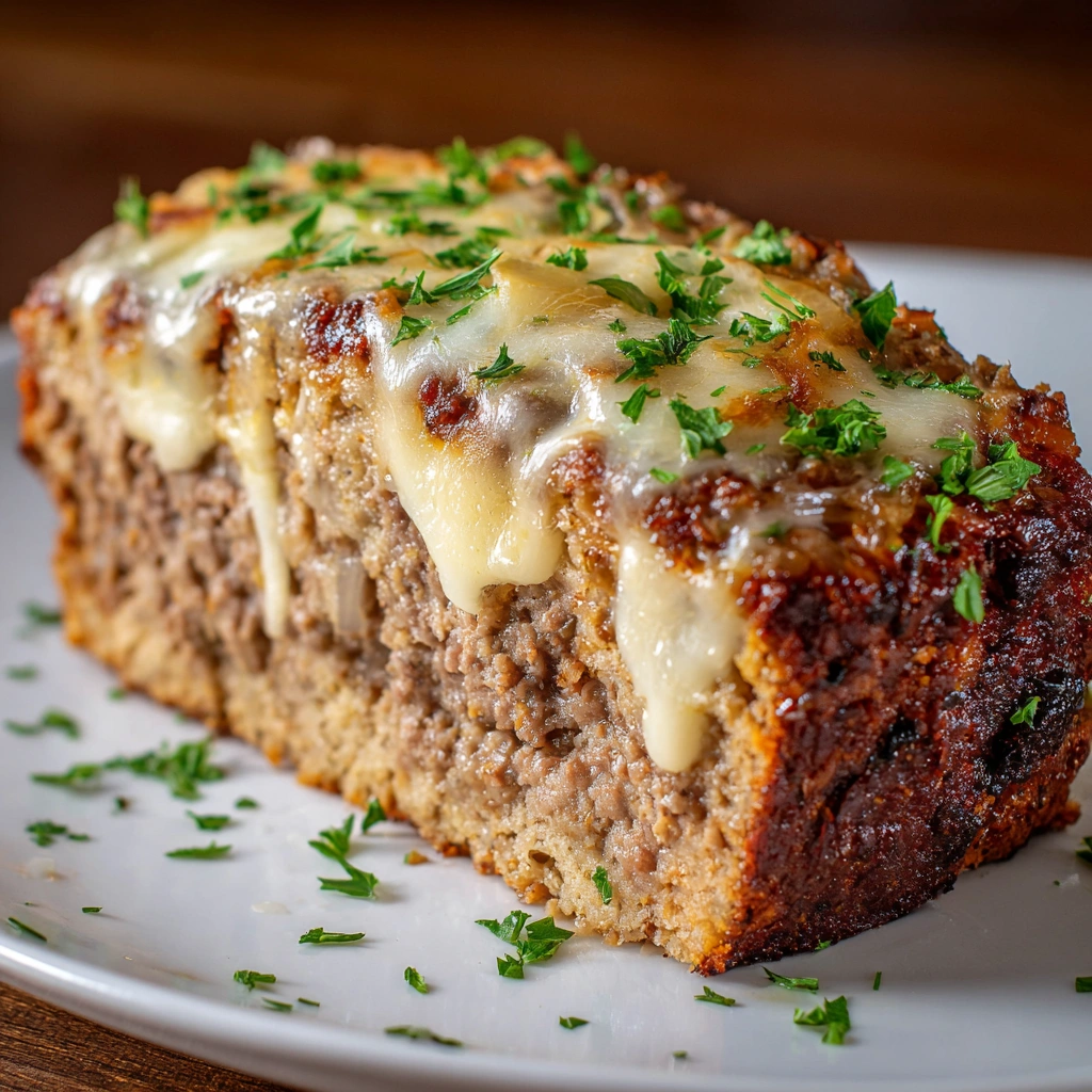 Crockpot French Onion Meatloaf with Melted Swiss Cheese delights!