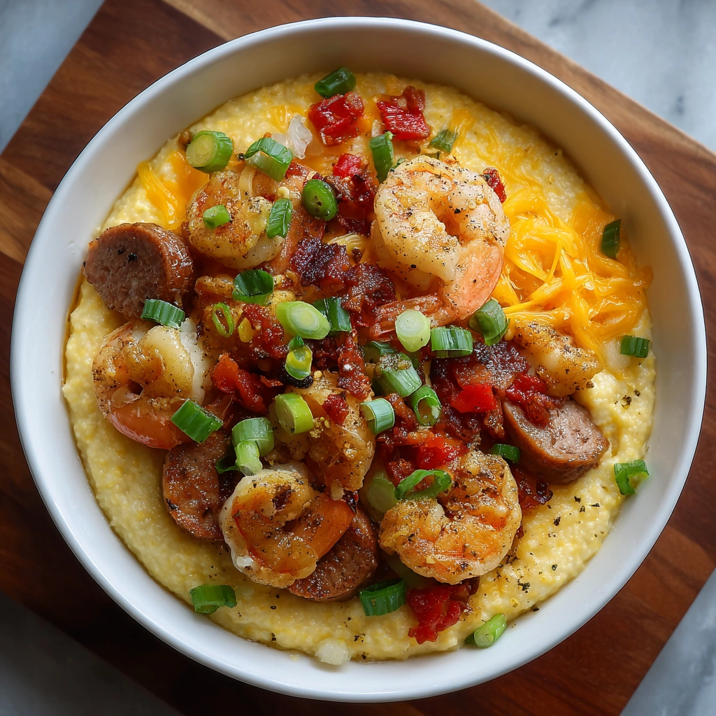 Jalapeno cheddar grits with shrimp, sausage and salmon delight!