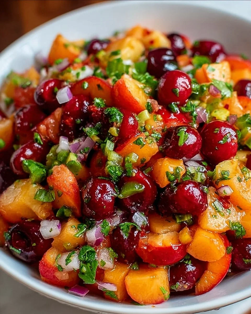 Fresh Peach Cherry Salsa served in a bowl, perfect for summer snacking