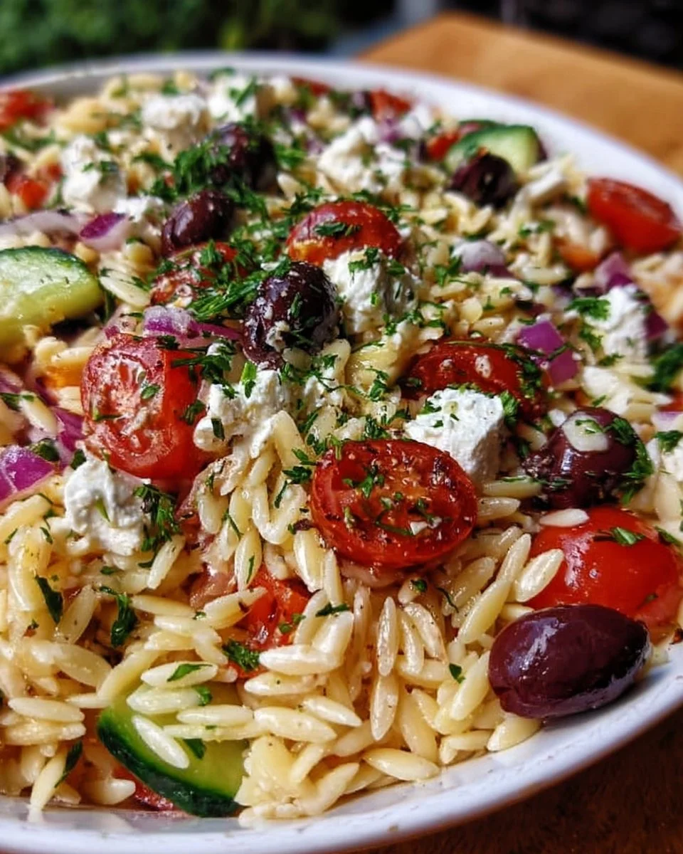Fresh Greek Orzo Pasta Salad Recipe with Feta and Olives
