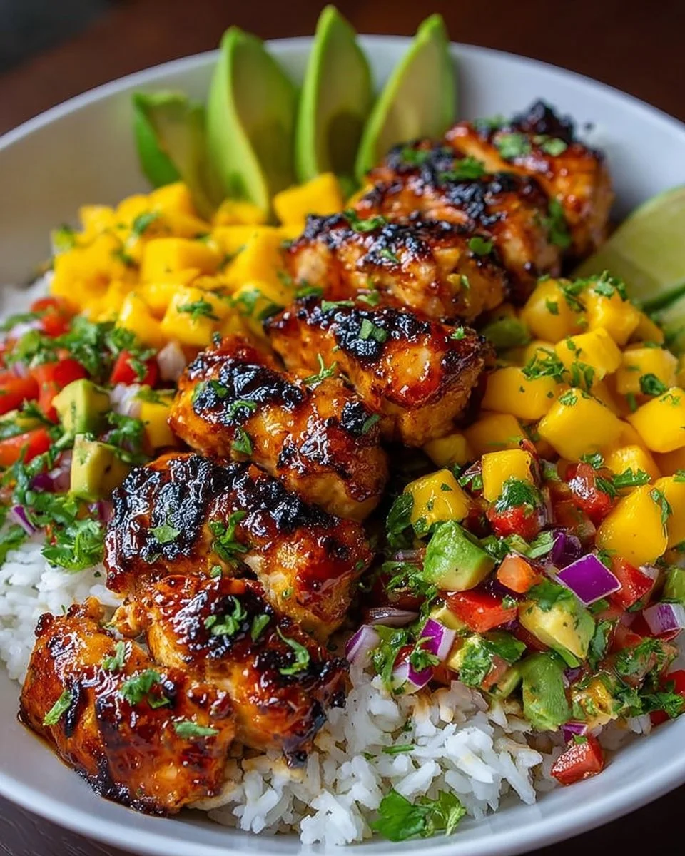 Grilled Maple Sriracha Chicken Bites with Coconut Rice &amp; Mango Avocado Salsa Bowl with Chili Mayo