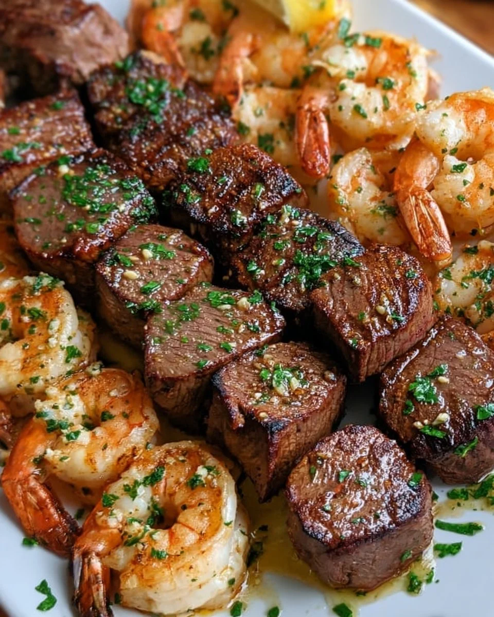 Grilled Steak and Shrimp Skewers with Garlic Butter