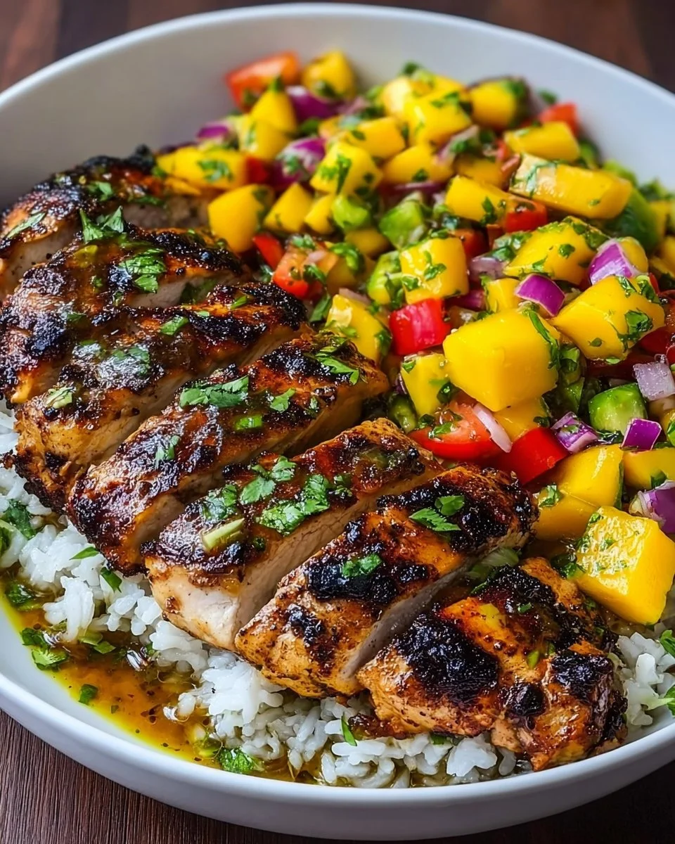 Jerk Chicken Bowls with Mango Salsa and Coconut Rice