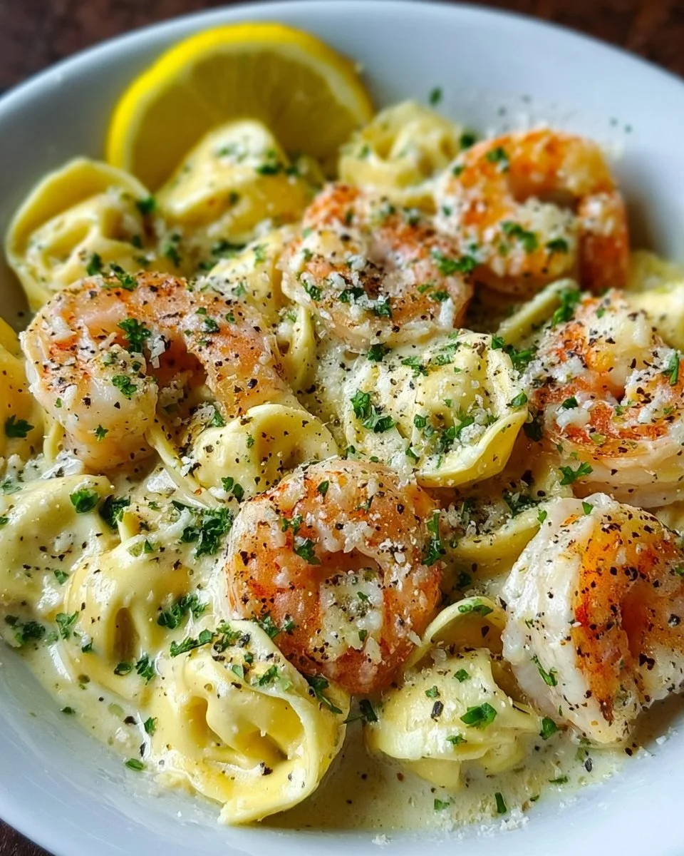 Cheese Tortellini with Shrimp in Lemon Garlic Cream Sauce