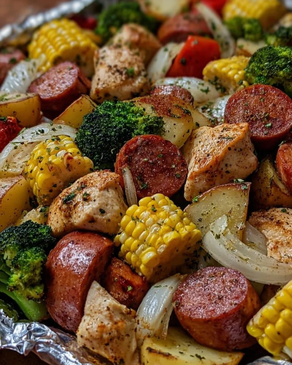Chicken, Sausage, Potatoes, Broccoli And Corn Foil Packets