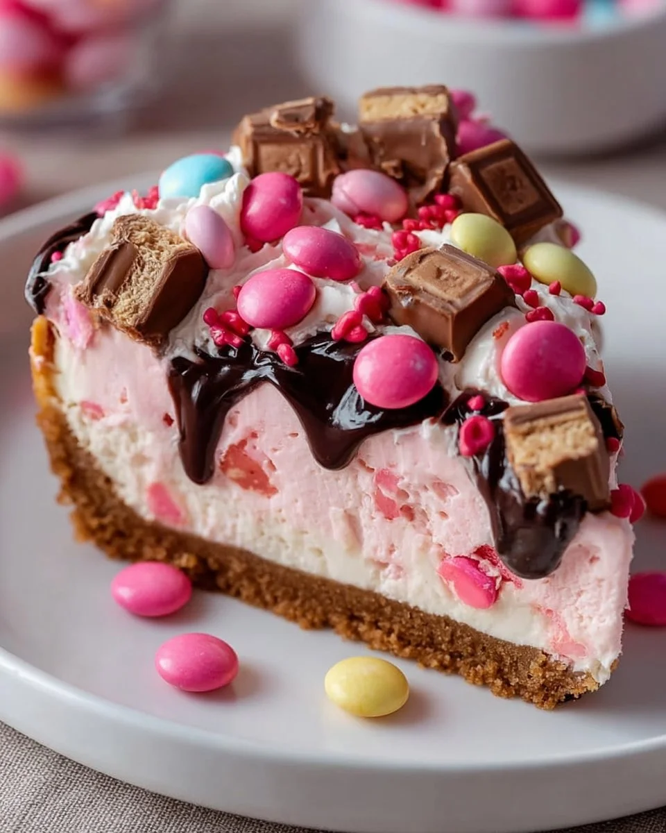 Pink M&M Snickers Cheesecake