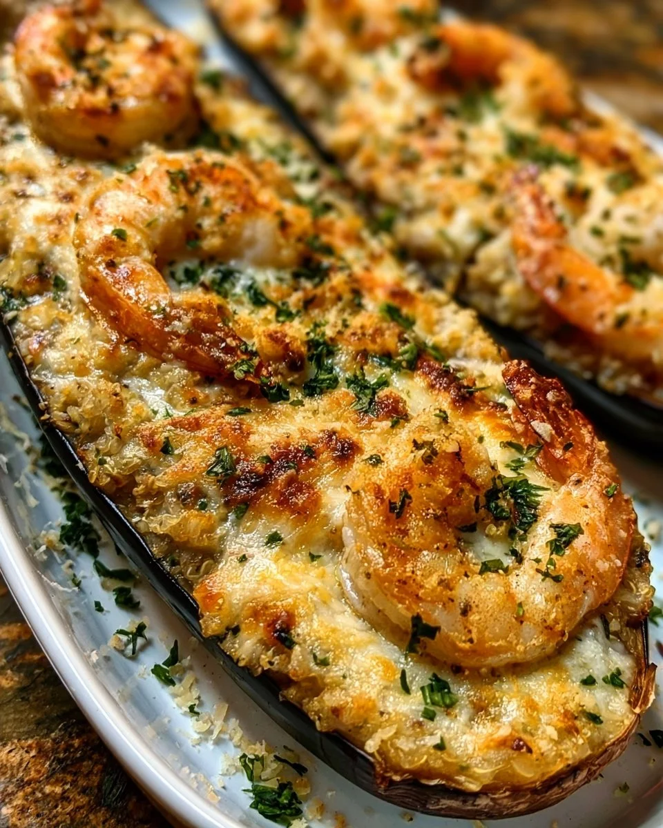 Garlic Parmesan Shrimp Stuffed Eggplant Boats