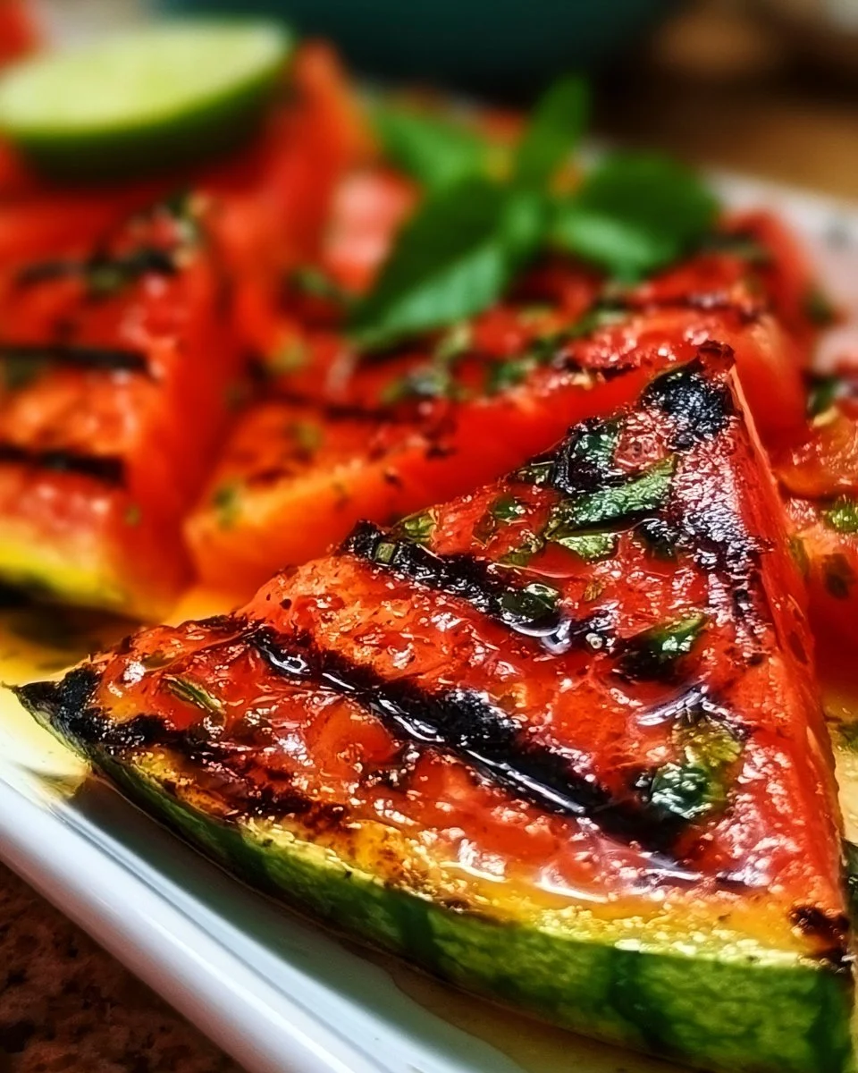 Grilled watermelon slices drizzled with lime and honey on a plate