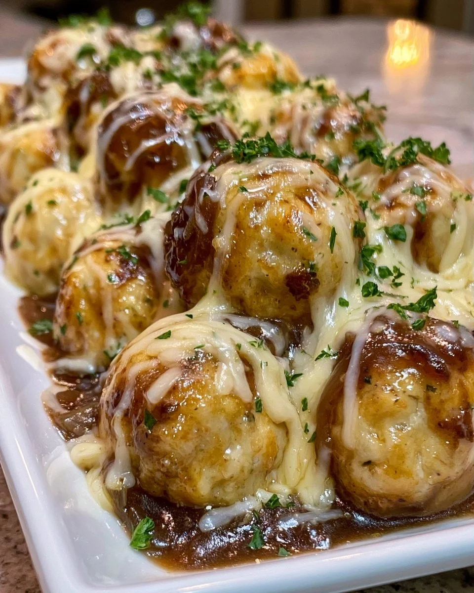 Cozy Crock Pot French Onion Meatballs
